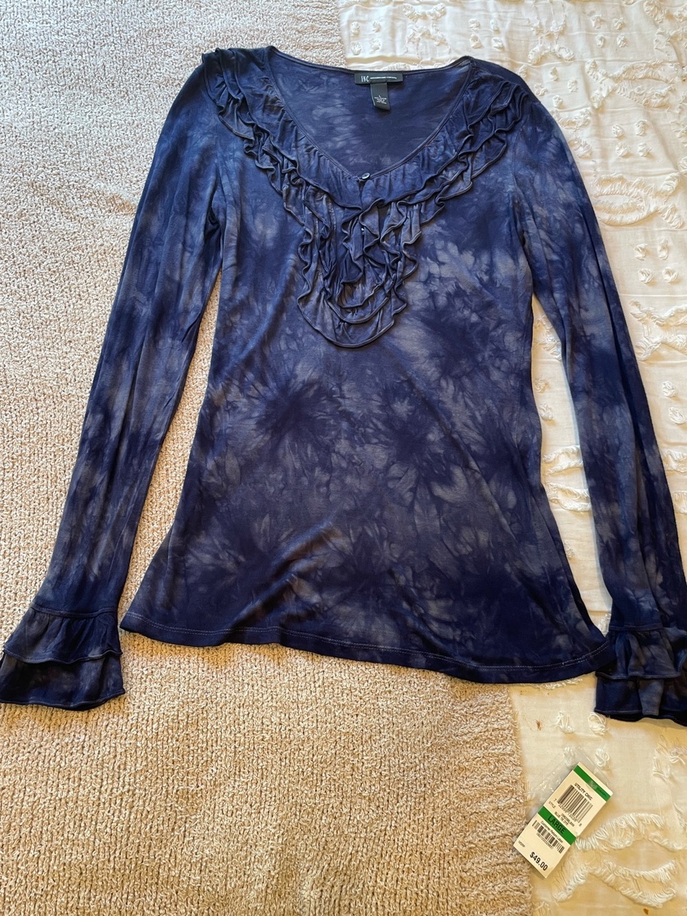 NWT INC International Concepts Navy Tie-Dye Ruffle Long Sleeve Top - size L